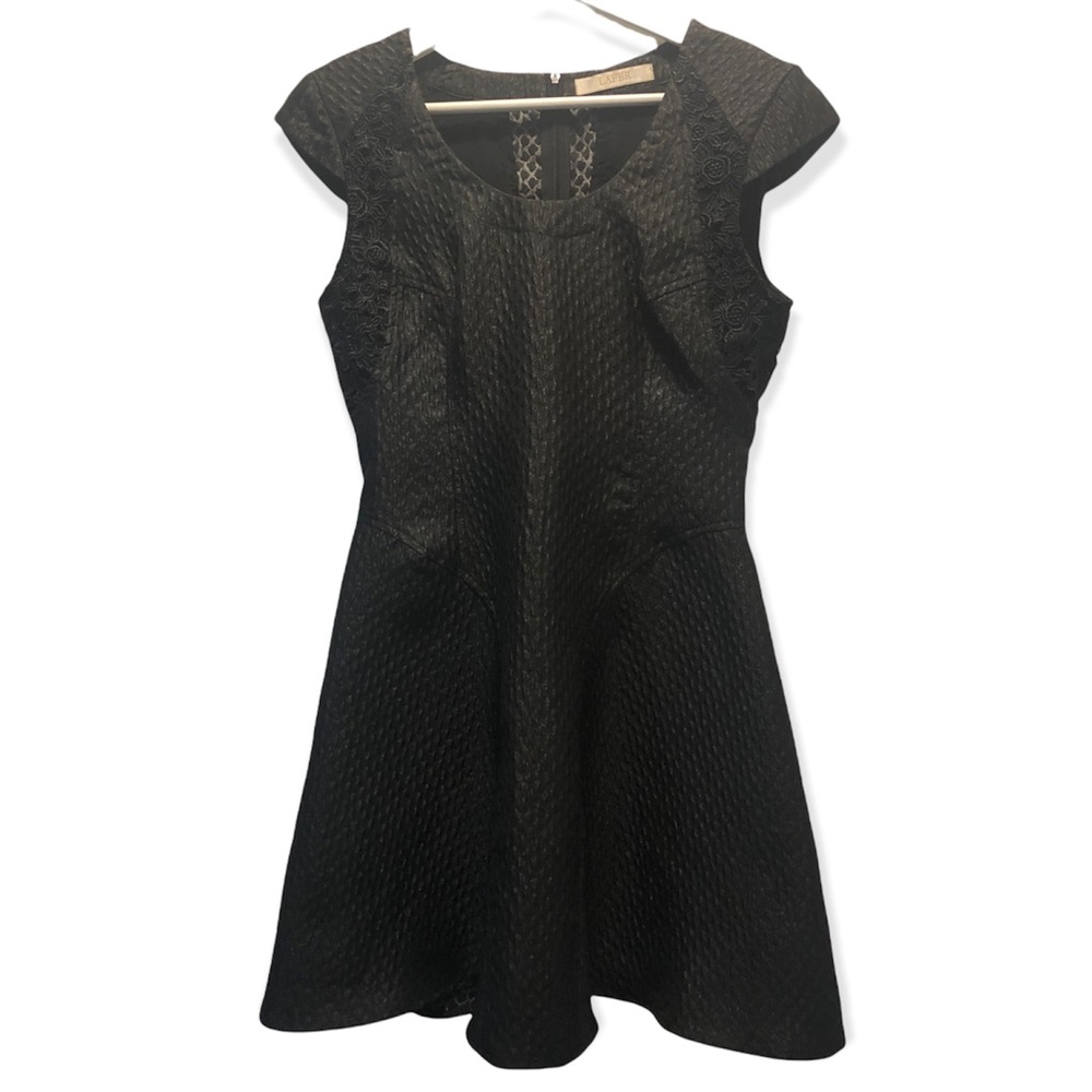 Lafer Black Textured Polyester Lace Applique Cap Sleeve A-Line Mini Dress Size 2